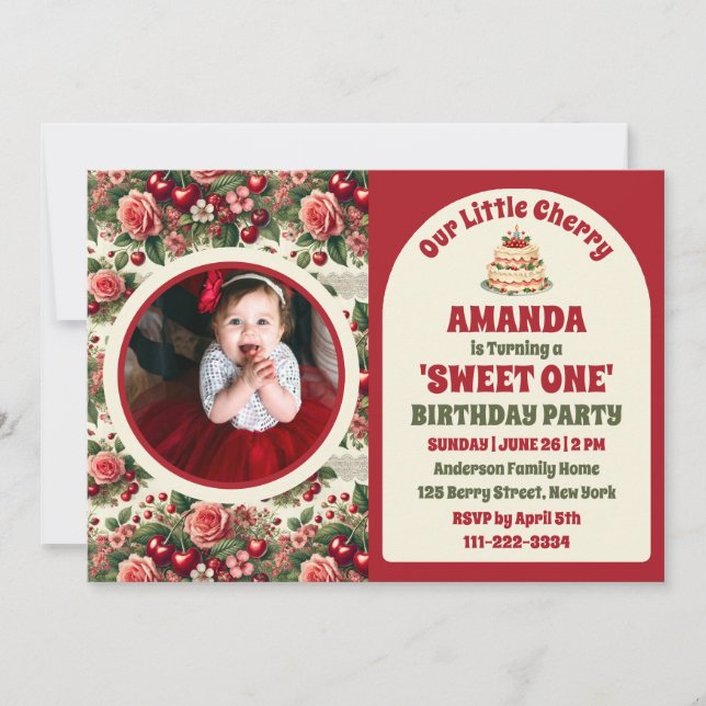 Vintage Cherry 'Sweet One' 1st Birthday Photo Invitation (Front)