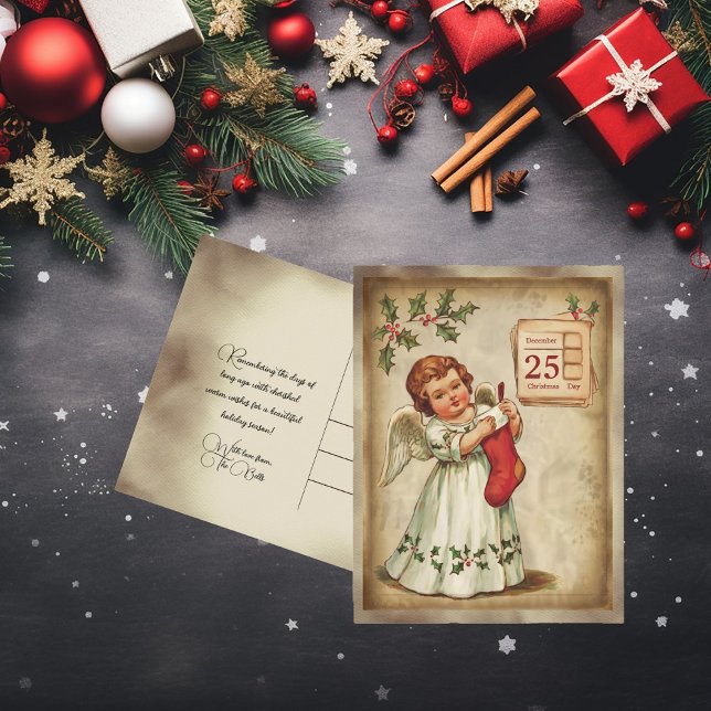 Vintage Cherub Red Stocking Christmas Holiday Postcard (Creator Uploaded)