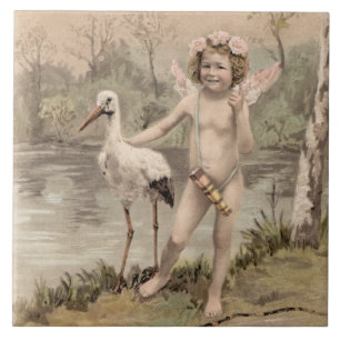 Vintage Cherub with Stork by Lake Ceramic Tile