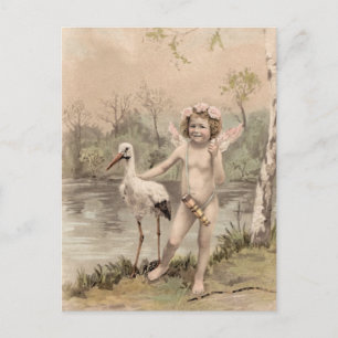 Vintage Cherub with Stork by Lake  Postcard