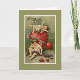 Vintage Cherubs and Valentine Hearts Green Holiday Card