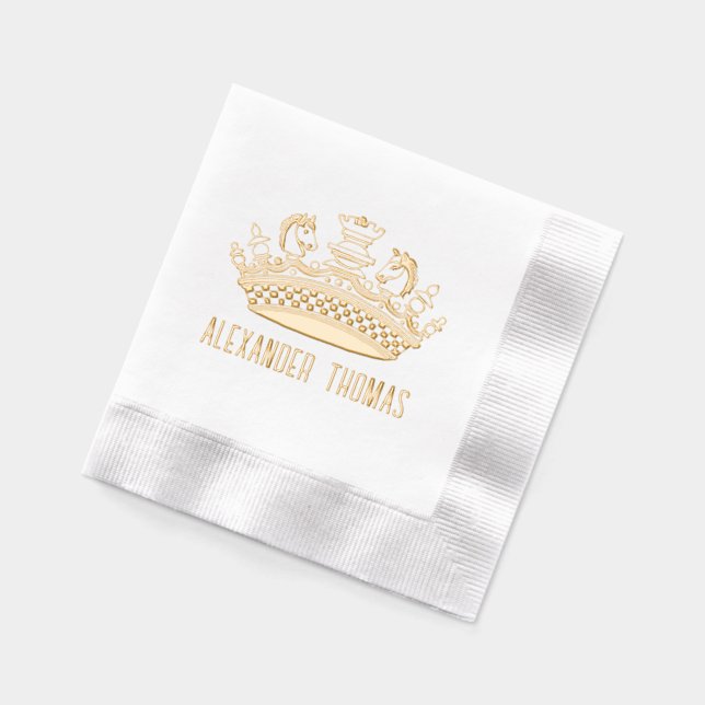 Vintage Chess Pieces Crown Name Foil Napkins (Left)