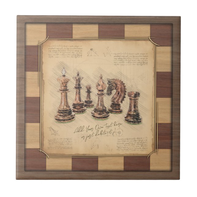 Vintage Chessboard & Chess Pieces, Player Gift Ceramic Tile (Front)