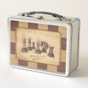 Vintage Chessboard & Chess Pieces, Player Gift Metal Lunch Box