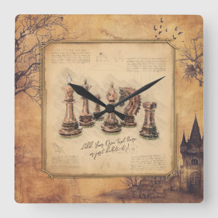 Vintage Chessboard & Chess Pieces, Player Gift Square Wall Clock