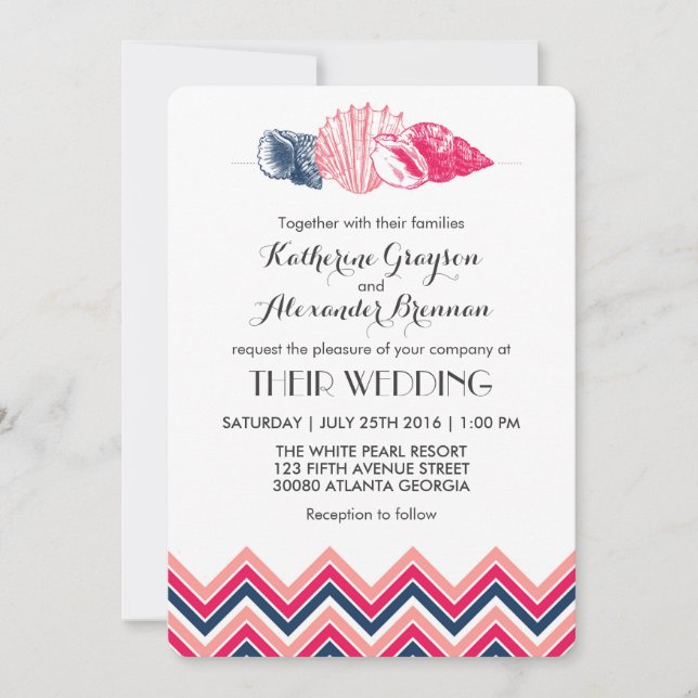 Vintage Chevron Seashells Beach Wedding Invitation (Front)