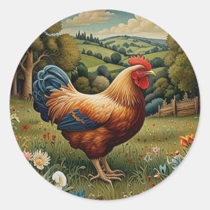 Vintage chic boho chicken pasture landscape classic round sticker