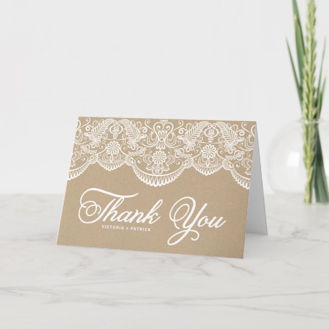 Vintage Chic Brocade Lace Wedding Thank You Card (Front)