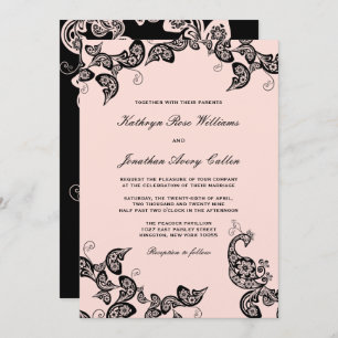 Vintage Chic Floral Black Peacock Wedding Invite
