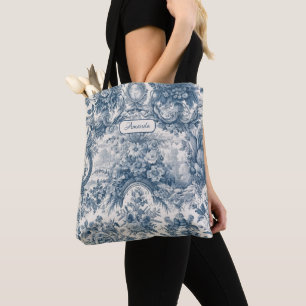 Vintage chic floral Blue toile de jouy monogram Tote Bag