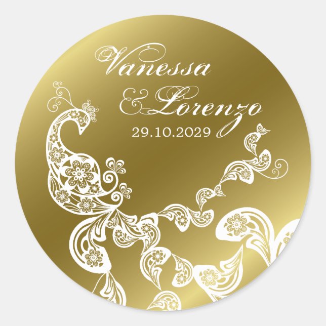 Vintage Chic Floral White Peacock Bohemian Wedding Classic Round Sticker (Front)