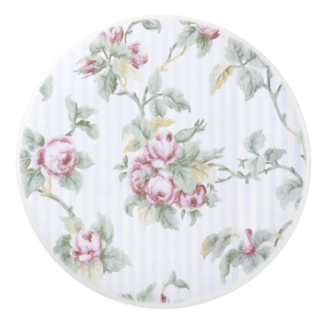 Vintage Chic French Roses and Stripes Ceramic Knob (Front)