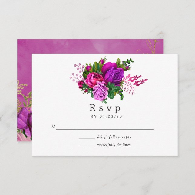 Vintage Chic Fuchsia and Purple Wedding RSVP Card (Front/Back)