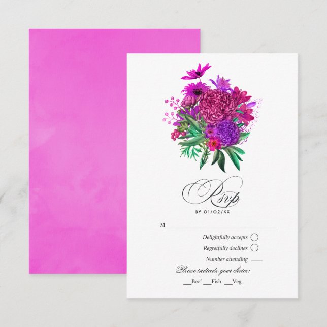 Vintage Chic Fuchsia and Purple Wedding RSVP Card (Front/Back)