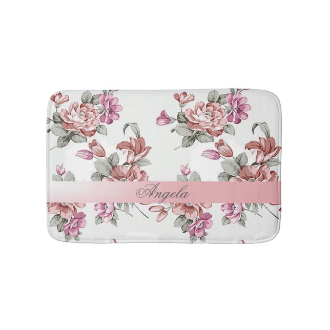 Vintage Chic Girly  Flowers-Personalised Bath Mat (Front)