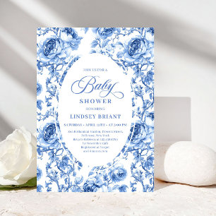 Vintage Chic Navy Toile de Jouy Roses Baby Shower Invitation