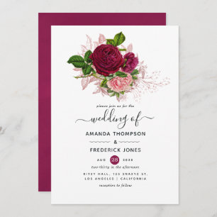 Vintage Chic Pink and Burgundy Floral Wedding Invitation