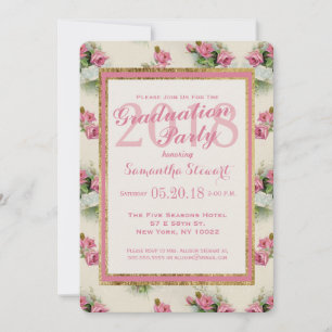 Vintage Chic Pink Floral Graduation Party Invites