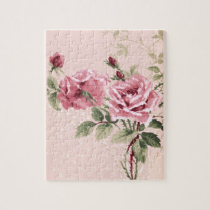Vintage Chic Pink Roses, Branches & Vines Jigsaw Puzzle