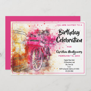 Vintage Chic Pink Watercolor Bicycle Birthday Invitation