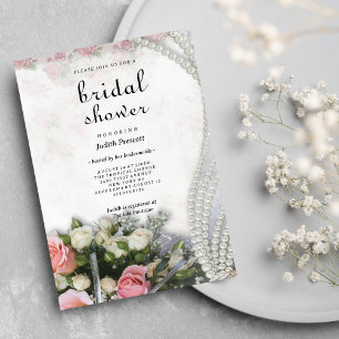 Vintage chic pink white rose floral Bridal Shower  Invitation