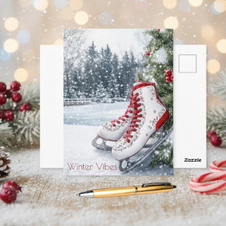 Vintage Chic Red White Ice Skates Winter Scene Postcard