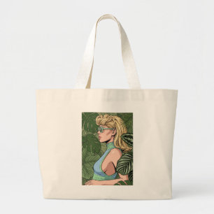 Vintage Chic Woman with Sunglasses Monstera Leaves Large Tote Bag