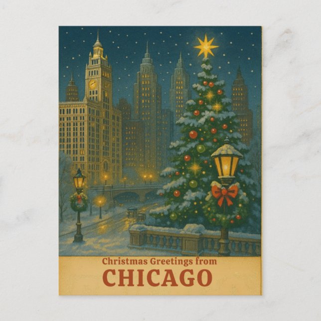 Vintage Chicago Christmas Postcard – Snowy City (Front)