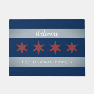 Vintage Chicago city flag and custom family name Doormat