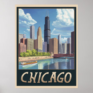Vintage Chicago City Skyline Poster