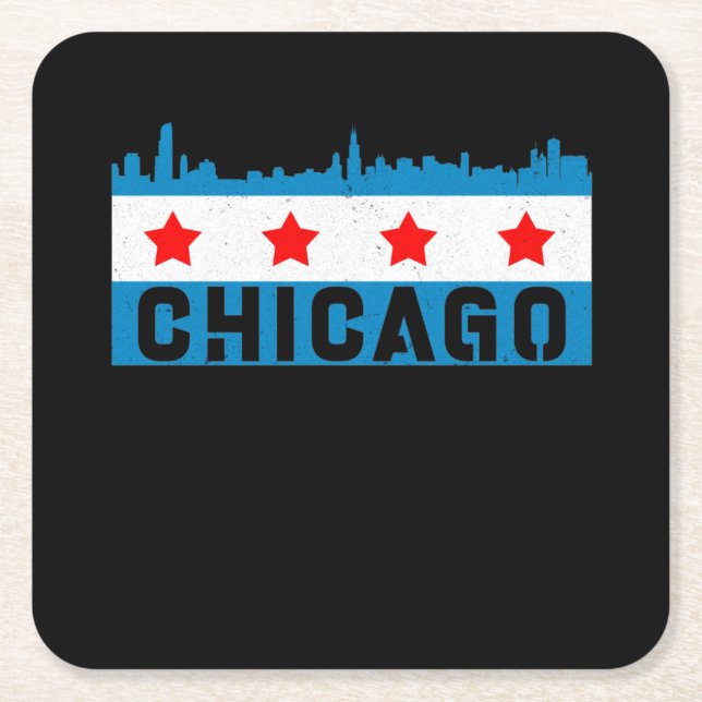 Vintage Chicago Flag Skyline Square Paper Coaster (Front)
