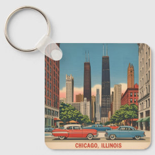 Vintage Chicago Illinois City Skyline Retro Travel Key Ring