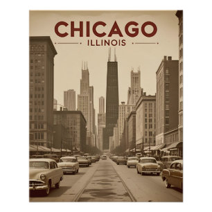 Vintage Chicago Illinois City Skyline Retro Travel Poster