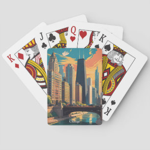 Vintage Chicago Illinois Colorful Painting Skyline Playing Cards