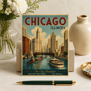 Vintage Chicago Illinois Travel Poster Postcard