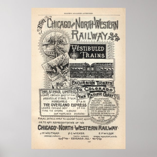 Vintage Chicago North Western Railway Ad from 1888 Poster (Front)