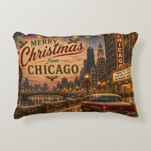 Vintage Chicago Route 66 Christmas City Lights Decorative Cushion