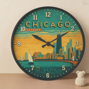 Vintage Chicago Skyline Lakefront Art Large Clock