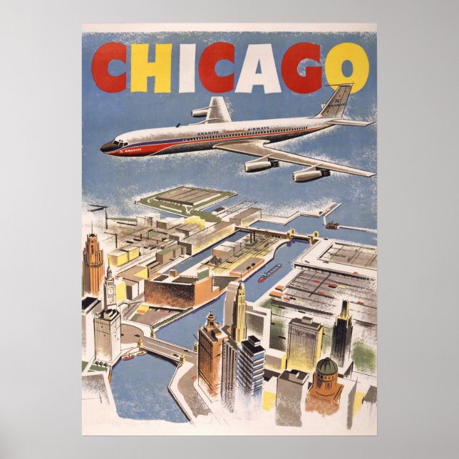 Vintage Chicago USA Air Travel Advertisement Poster (Front)