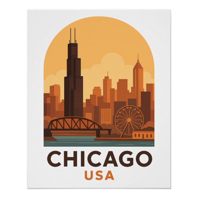 Vintage Chicago USA Travel Poster – Retro City Sky (Front)