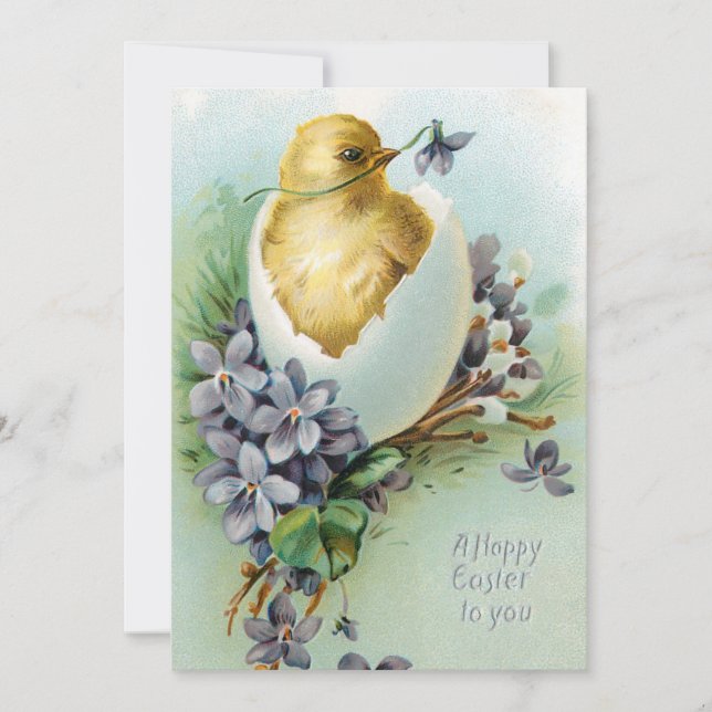 Vintage Chick and Happy Easter Wishes Holiday Card (Front)