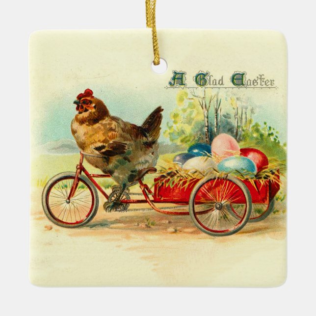 Vintage chick on bicycle Easter Ceramic Ornament (Front)