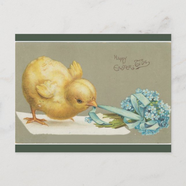 Vintage Chick Pulling Flowers Easter Postcard (Front)