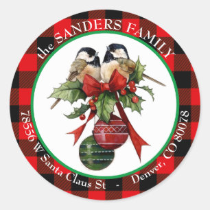 Vintage Chickadee Holly Christmas Return Address Classic Round Sticker