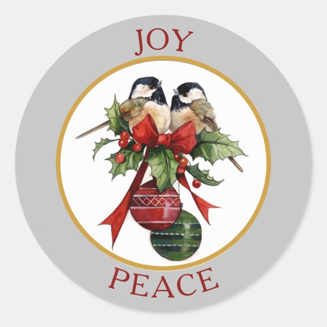 Vintage Chickadee Joy Peace Christmas Classic Round Sticker (Front)