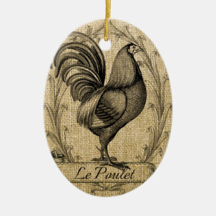 Vintage Chicken Burlap Ceramic Ornament