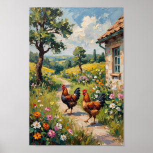 Vintage Chicken Garden Farm Art Poster