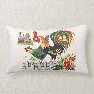 Vintage Chicken Print Rooster and Hen on the Farm Lumbar Cushion