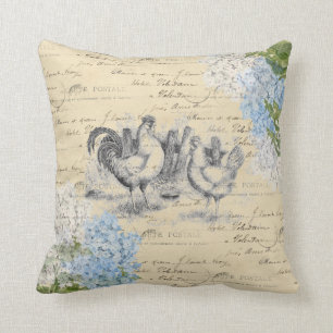 Vintage Chickens Blue Flower Postcard Throw Pillow