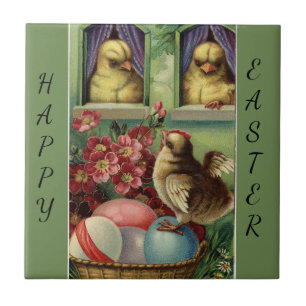 Vintage Chicks and Colourful Easter Eggs Ceramic Tile